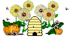 A bee hive and some flowers in front of a checkered background.